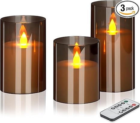 Flameless LED Candles with Remote Set of 3 Battery-Operated Acrylic Gray Pillars, 4", 5", 6" x 3" Diameter Flickering Effect with Timer Ideal for Home Décor Weddings Parties, Restaurants
