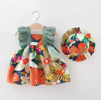 Girls Summer New Dress Sleeveless Lace Fragmented Cotton Cloth Dress Princess Dress Comes with Hat Suitable for 0-3 Year Old