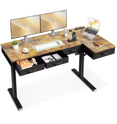 L-shaped electric upright office desk with drawers, height adjustable computer desk with sockets, sitting upright office desk
