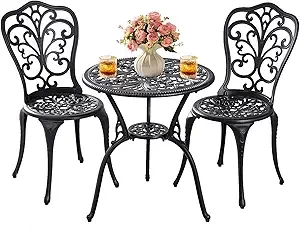 Patio Bistro Set 3 Piece Outdoor,Cast Aluminum Outdoor Bistro Table and Chair Set of 2 with 1.97" Umbrella Hole,All Weather Bistro Table Set for Front Porch Set(Butterfly Black)