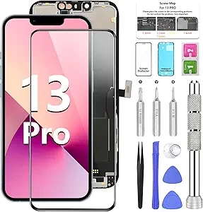 for iPhone 13 Pro Screen Replacement Kit 6.1" LCD Screen with 3D Touch FHD COF Full Assembly&Digitizer Includes Repair Tools Screen Protector Waterproof Frame Sticker for A2483/A2636/A2639/A2640/A2638