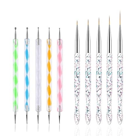 Nail Dotting Tools 10 Pcs Kit, 5 Pcs Double-end Nail Dotting tools and 5 Pcs Nail Art Liner Brushes, Nail Art Design Tools