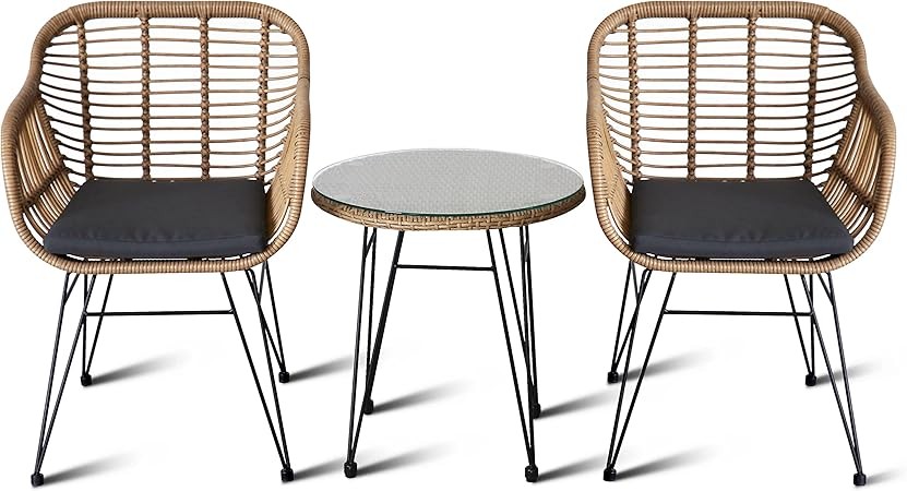 3 Piece Chat Set, 2- Includes 2 Single Chairs w/Cushions and 1 Glass-top Coffee Table Outdoor Living Rattan Furniture Set Includes (Brown)