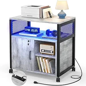 Unikito File Cabinet with LED Lights, Lateral Filing Cabinet with Power Outlets and USB Charging Ports, Printer Stand with Storage, Office Cabinet for Letter, A4, Legal and File Folders, Light Walnut