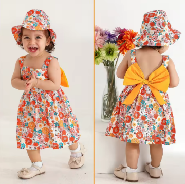 4 Color /2PCS Dress Clothes Set Baby Girl Flower Sleeveless Dress with Bow+Hat Summer Fashion Cute Wear for Toddlers Age 0-3