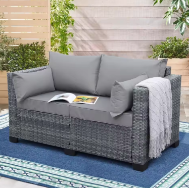 Outdoor Patio Loveseat Sofa, 2-Seater Small Couch, All Weather Wicker Love Seat Furniture with Grey Cushions, for Backyard, Gard