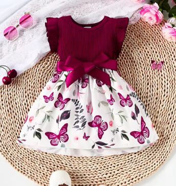 Baby Girl Butterfly and Plant Polka Dot Print Ruffle Sleeve Belt Dress + Ribbon