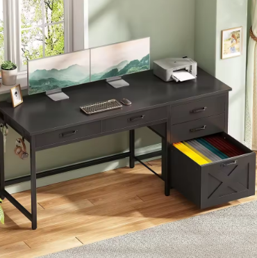 Office Desk with 5 Fabric Drawers,47.2 inch Computer Desk with Drawers,Farmhouse Desk with Headphone Hooks for Home Office