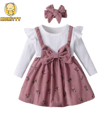 Toddler Baby Girls Princess Dress Spring Autumn Clothes For 0-2 Years Cute Long Sleeve Fake Two Dresses Come with Bow Headband
