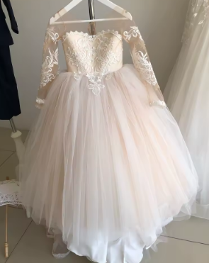 White Lace Child Flower Girl Dress Tulle Appliques Princess Floor Length for Wedding Party Baptism First Communion Gown