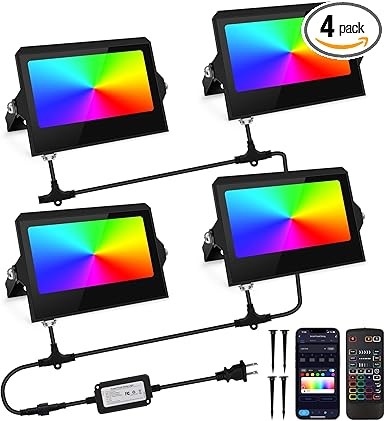 LED Flood Light Outdoor, RGBW Floodlight App / Remote / Voice Control, IP66 Waterproof 300W Equivalent Uplight, DIY Scenes/Timing YAYZA!