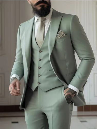 3 Piece Sage Green Men's Slim Fit Suits (Jacket+Vest+Pant) Wedding Groom Tuxedos Prom Formal Male Party Blazers