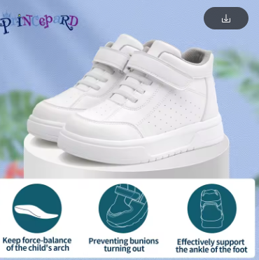 Princepard Orthopedic Kid Sneakers White Color Back to School Children's Casual Shoes for Girls Boys with High Top Arch Support