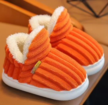 New Winter Concise Stripe Plush Slippers Children's Non-slip Soft Sole Kids Boys Girls Heel Wrap Warm High Home Cotton Shoes