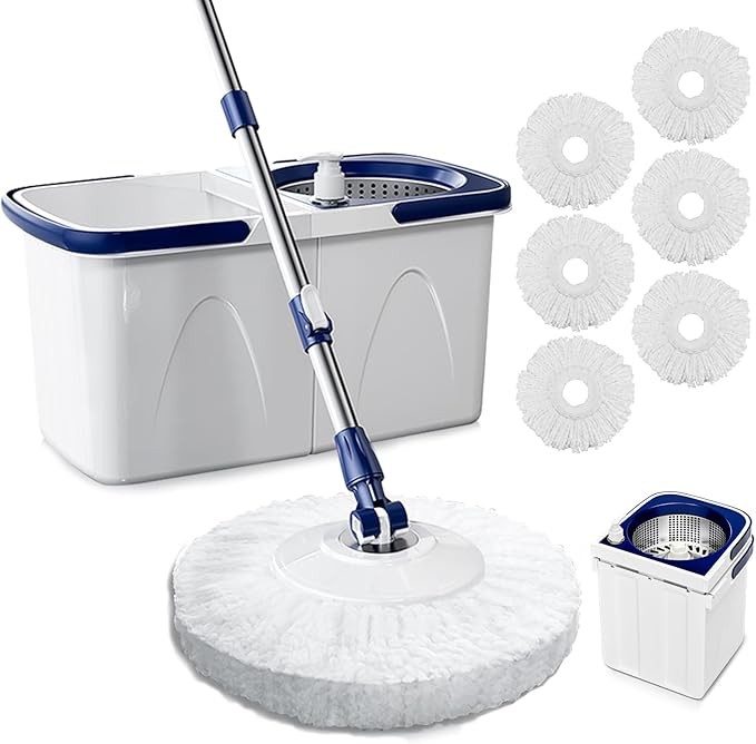 Spin Mop and Bucket with Wringer Set Two-Detachable Bucket Design Mop System, Separate Clean and Dirty Water 360° Spinning Floor Cleaning with 51" Adjustable Handle -6Mop Heads