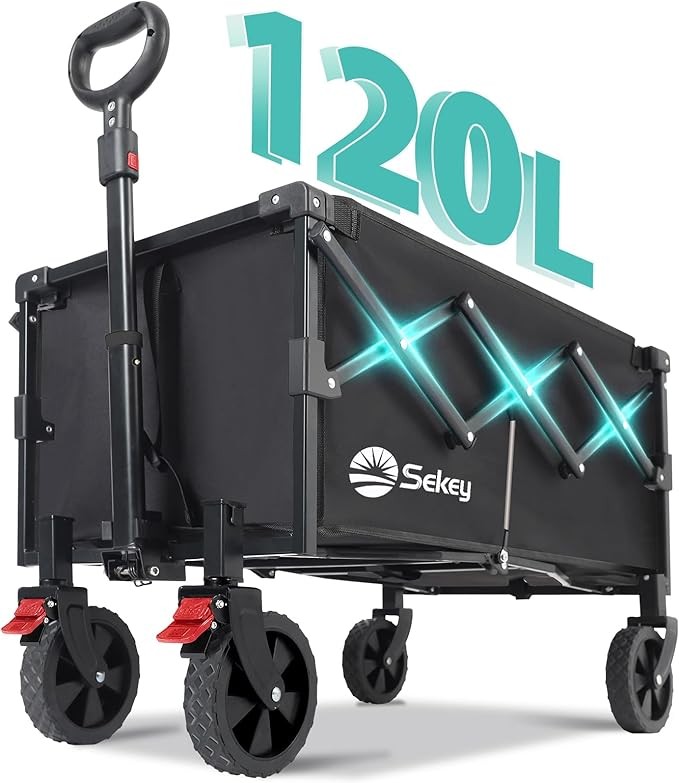Sekey Collapsible Wagon Cart Foldable with 220LBS Weight Capacity, Lightweight Portable Folding Grocery Shopping Cart with Wheels for Camping Sports Beach and Shopping.Black