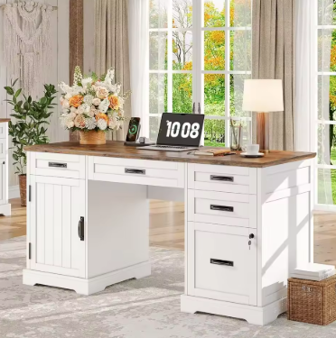 Executive Desk with Drawers, 55'' Farmhouse Desk Wooden, Home Office Computer Desk with File Cabinet and Charging Station, White