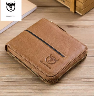 Bullcaptain Genuine Leather Men Short Wallet Casual Men's Coin Purse Vintage Male Zipper Card Holder Luxury Money Bags JYB022