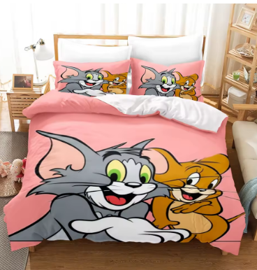 Tom and Jerry Bedroom Anime Duvet Set Bedding King Size Luxury Cover 3-Piece Polyester Christmas Decorations Home