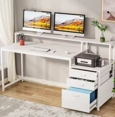 63 Inch Computer Desk with File Drawer Cabinet,Ergonomic Office Desk with Monitor Stand, Computer Table with Printer Space,Wood