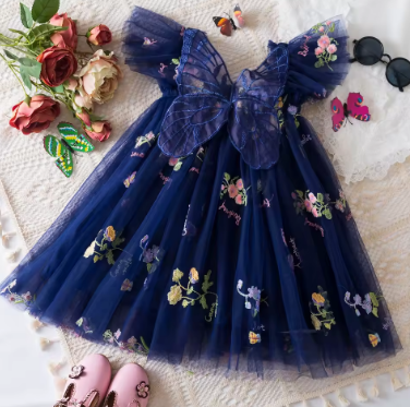Summer Girls' Princess Party Birthday Dress Sweet Baby Girls Dress Back Bow Wings Fairy Strap Embroidered Butterfly Mesh Dress