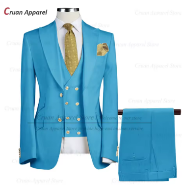 Tailor-made Brand Ivory White Suits for Men Slim fit Prom Wedding Groom Tuxedo Set Party Gold Buttons Blazer Vest Pants 3 Pieces