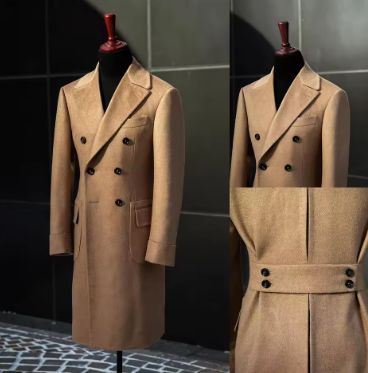 Champagne England Style Woolen Overcoat Men Thick Custom Made Double Breasted Long Length Coat Casual Winter Warm Jacket