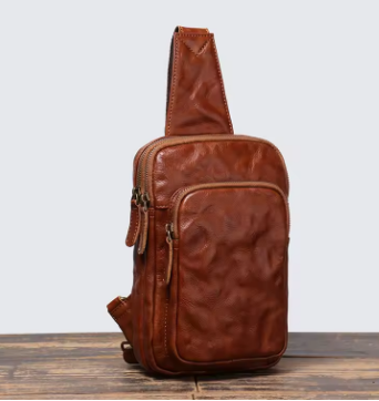 Leathfocus Men's Frist Layer Cowhide Chest Bag Vintage Leather Shoulder Messenger Bag Handmade Trendy Man Bag For 9.7 Inch Ipad