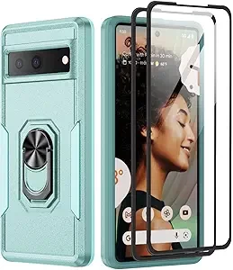 for Google Pixel 6A 5G Case with Screen Protector, Military Grade Dual Layer Heavy Duty Shockproof Full Body Protective Phone Cover, Built in Rotatable Magnetic Ring Holder for 6A (Green)