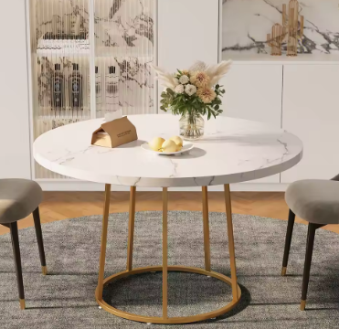 Round Dining Table 47.24 Inch Kitchen Table for 4 People Wooden Marble Pattern Dinner Room Table with Gold Base for Home office
