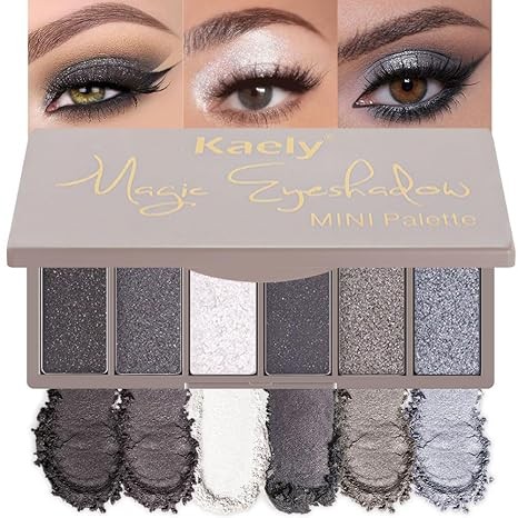 Kaely 6 Colors Mini Eyeshadow Makeup Palette for Women Smoky Eyes, Black Smoky Gray Grey White Silver Taupe Glitter Shimmer Eye Shadow Palette Long Lasting Pigmented Built in Mirror Travel Size 02