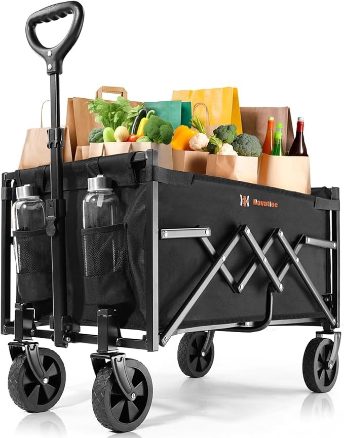 Navatiee Foldable Collapsible Wagon Cart, Utility Garden Wagon with 220lbs Weight Capacity, Heavy Duty Lightweight Portable Wagon for Outdoor, Grocery, Camping, Sport, Black