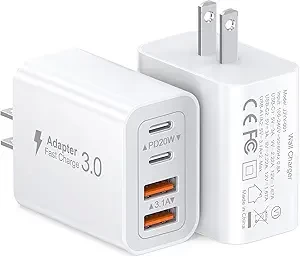 40W USB C Charger Cube, 2-Pack Wall Plug Fast Charging Block, 4-Port PD+QC Power Adapter Multiport Brick Type C Box for iPhone 16/15/14/13/12/11/Pro Max/XS/XR/8/7, Tablets, Cellphones