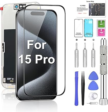 for iPhone 15 Pro Screen Replacement 6.1" COF LCD Sceen & 3D Touch IPS FHD Digitizer Full Assembly with Repair Tools Screen Protector Waterproof Frame Sticker for A2848, A3101, A3102, A3104