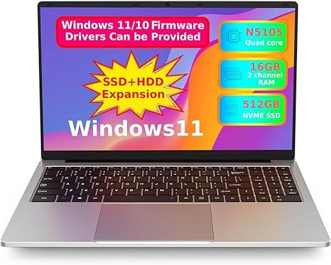 OTVOC Laptop 15.6 inch Windows 11, Celeron JasperLake N5105, Quad Core, Up to 2.9GHz, 16GB RAM, 512GB NVME SSD,Up to 4TB, 15.6" FHD IPS 1920x1080, HDMI, HDD, Type-C, RJ45, Support Windows 10, Silver