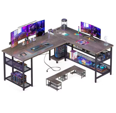59" L Shaped Desk with Power Outlet and USB Charging Ports, Reversible L Shaped Computer Desk with Storage Shelves
