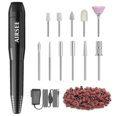 AIRSEE Electric Nail Drill Machine, Nail File Kit for Beginners, Portable EFile for Acrylic Gel Nails, Manicure Pedicure Polishing Shape Tool with 11 Bits and 56 Sanding Bands, Home & Salon Black N24